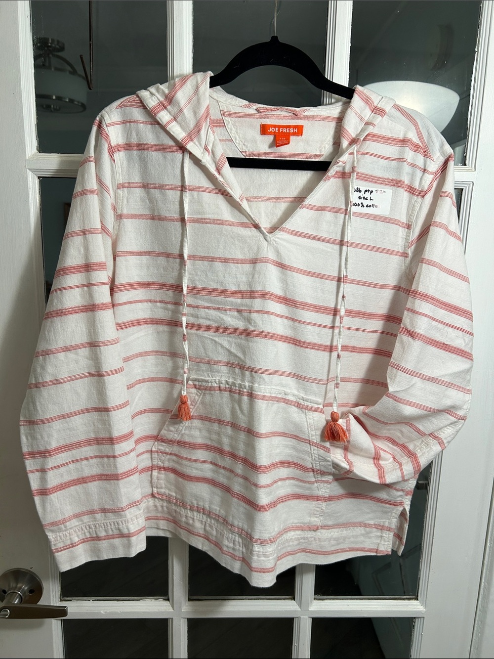 O86.     Joe Fresh White and Coral Stripe Hooded Pullover